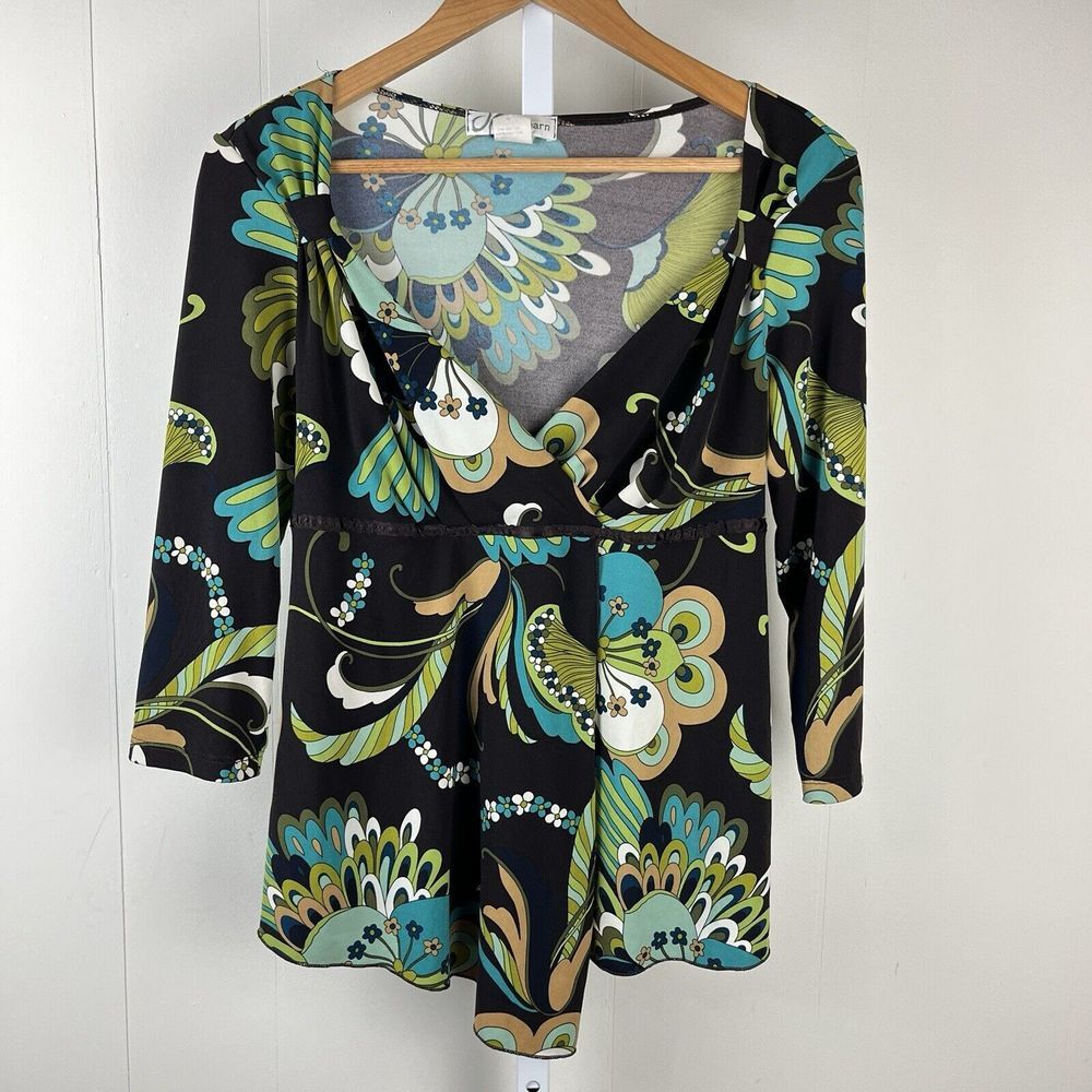 Vintage Dressbarn Top Green Brown Floral Faux Wrap 90s Y2K‎ Womens Medium